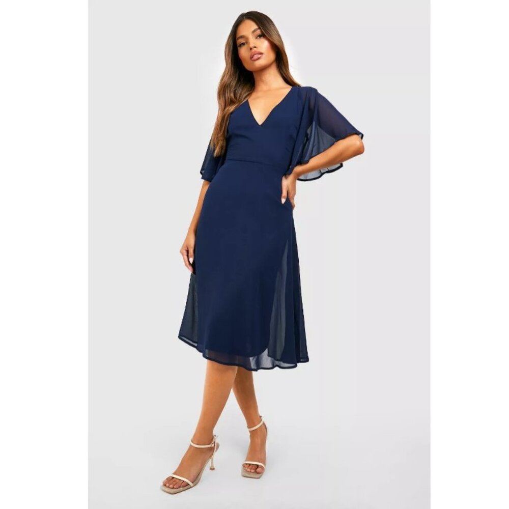 Boohoo Angel Sleeve Midi Skater Bridesmaid Dress